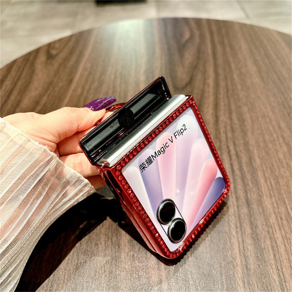 For Honor Magic V Flip 2 Case Shiny Glitter Ring Holder PC Phone Cover with Tempered Glass Rear Screen Film