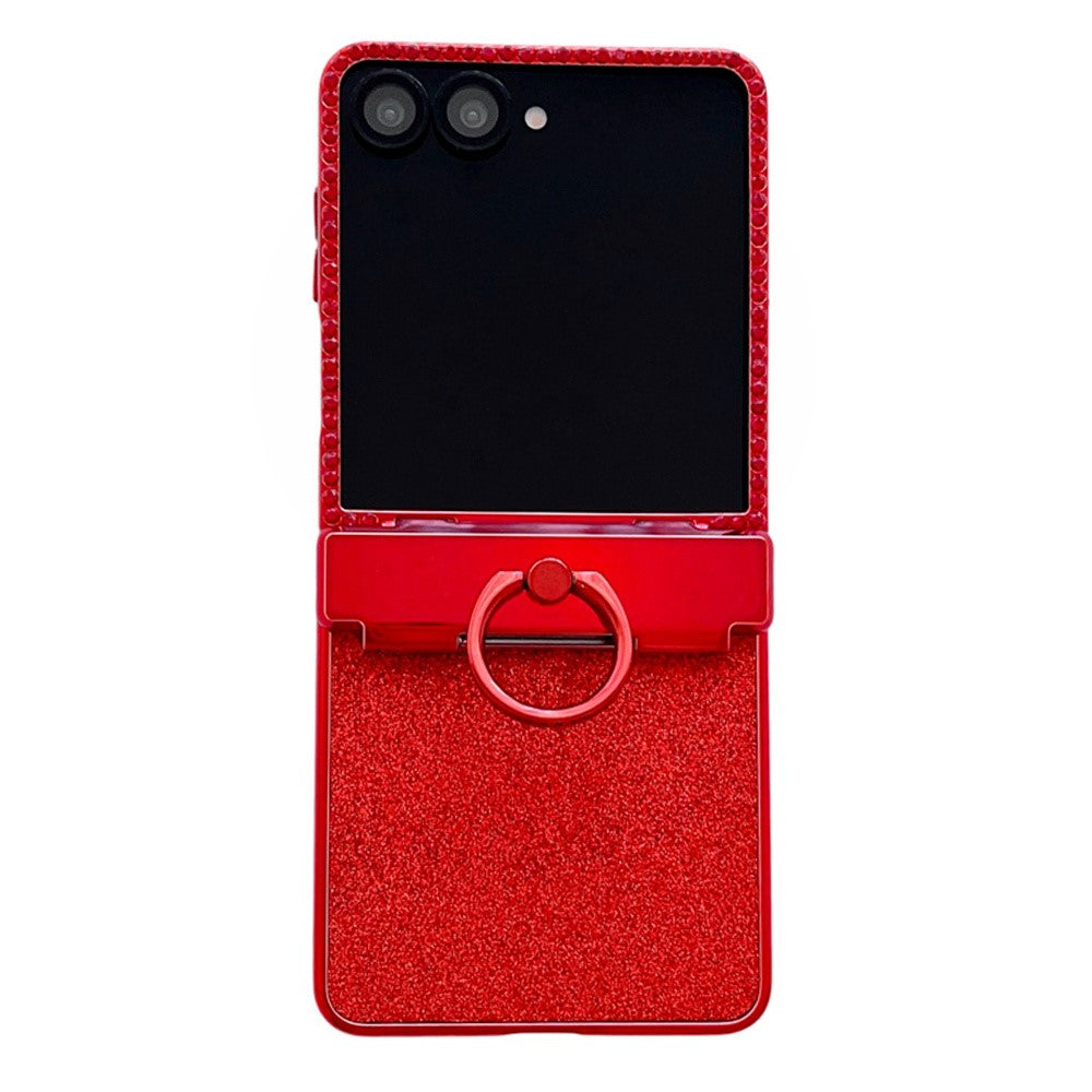 For Samsung Galaxy Z Flip7 5G Case Shiny Glitter Ring Holder PC Phone Cover with Tempered Glass Rear Screen Film