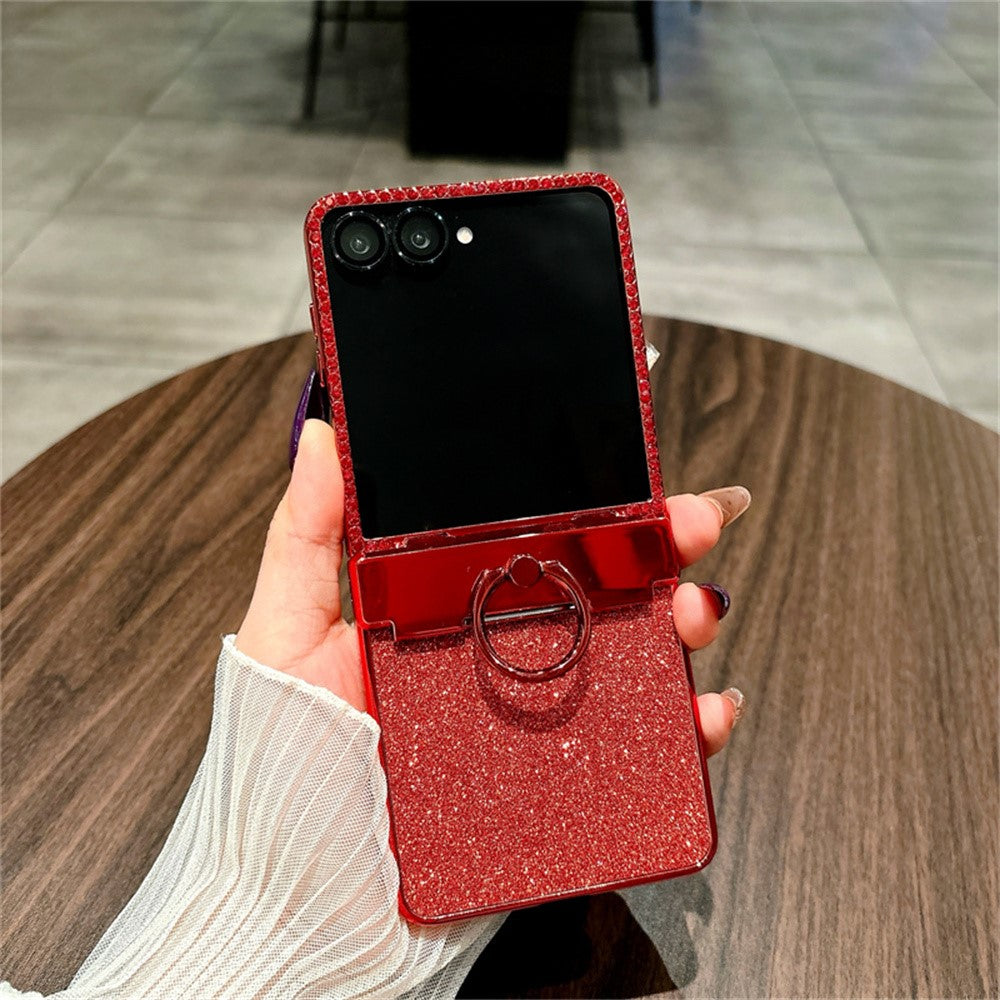 For Samsung Galaxy Z Flip7 5G Case Shiny Glitter Ring Holder PC Phone Cover with Tempered Glass Rear Screen Film