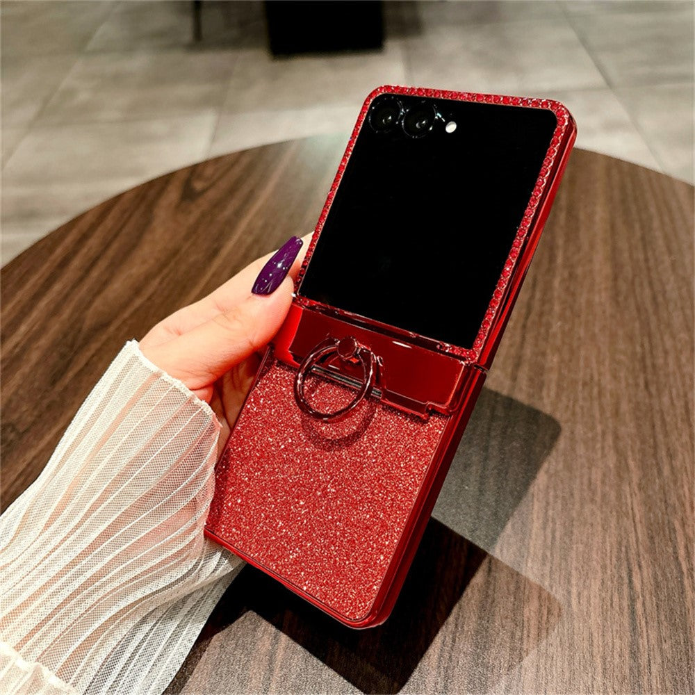 For Samsung Galaxy Z Flip7 5G Case Shiny Glitter Ring Holder PC Phone Cover with Tempered Glass Rear Screen Film