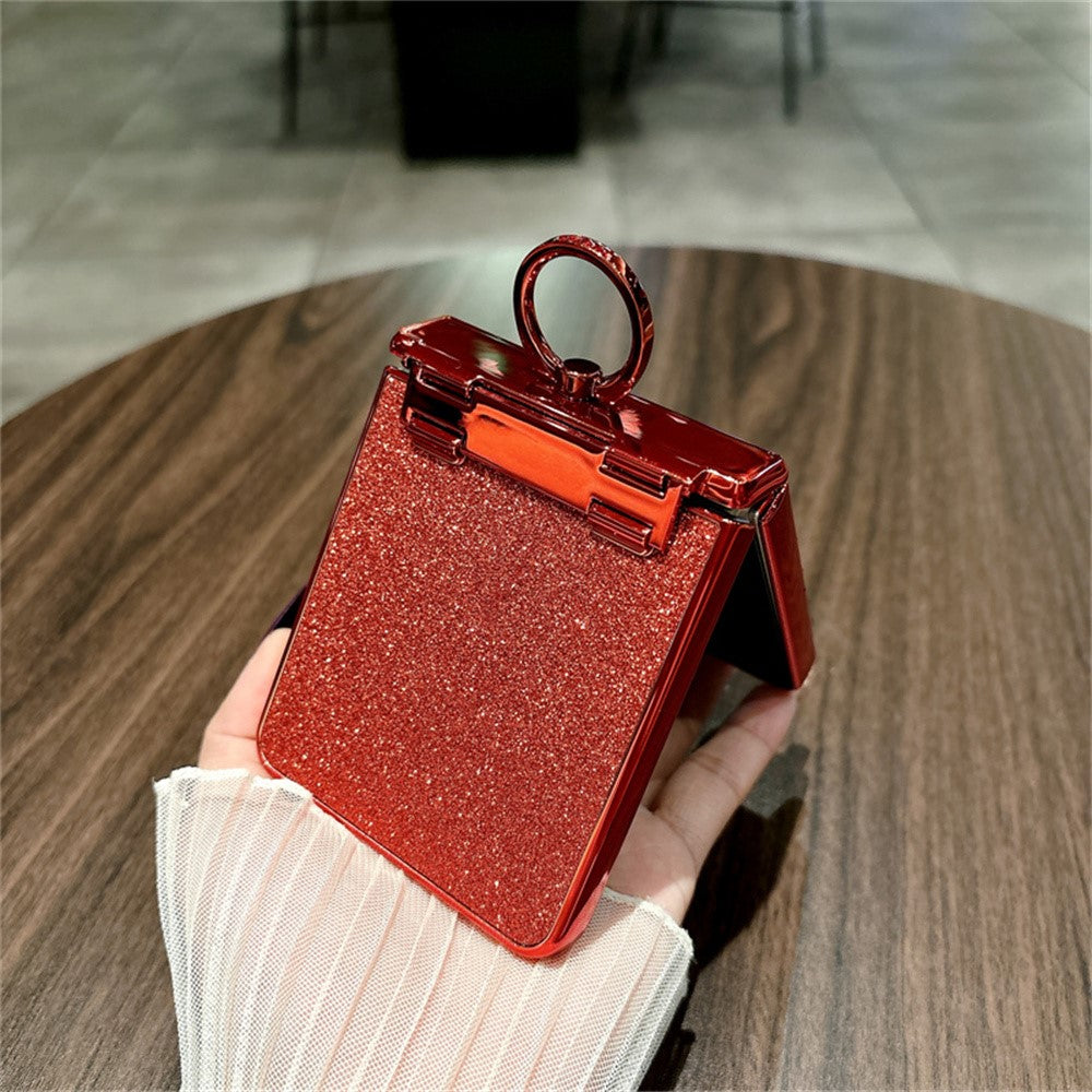 For Samsung Galaxy Z Flip7 5G Case Shiny Glitter Ring Holder PC Phone Cover with Tempered Glass Rear Screen Film