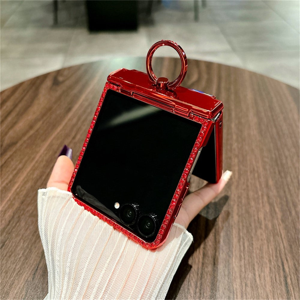 For Samsung Galaxy Z Flip7 5G Case Shiny Glitter Ring Holder PC Phone Cover with Tempered Glass Rear Screen Film