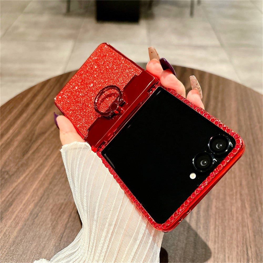 For Samsung Galaxy Z Flip7 5G Case Shiny Glitter Ring Holder PC Phone Cover with Tempered Glass Rear Screen Film
