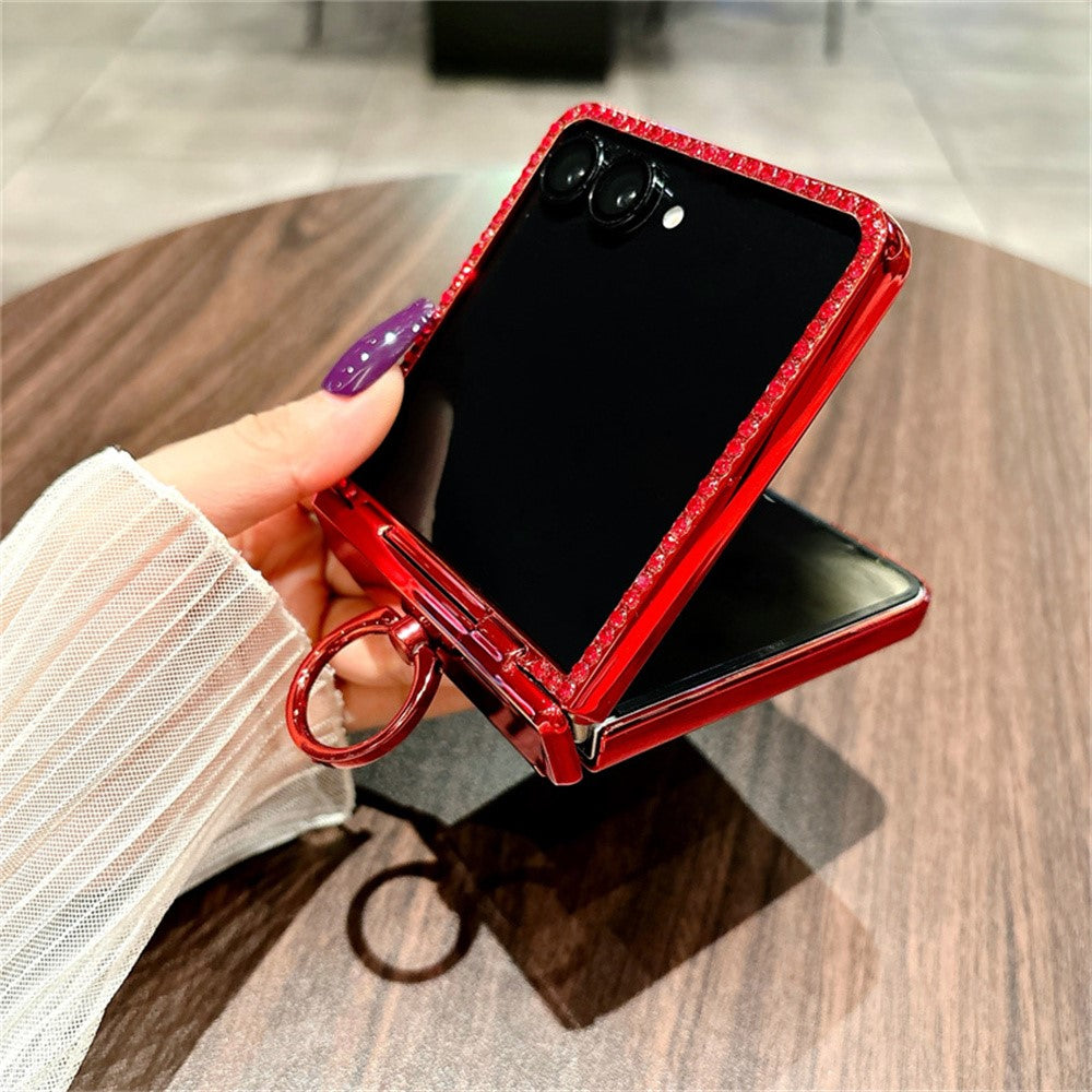 For Samsung Galaxy Z Flip7 5G Case Shiny Glitter Ring Holder PC Phone Cover with Tempered Glass Rear Screen Film