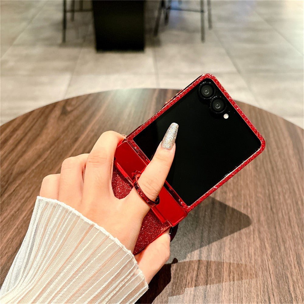 For Samsung Galaxy Z Flip7 5G Case Shiny Glitter Ring Holder PC Phone Cover with Tempered Glass Rear Screen Film