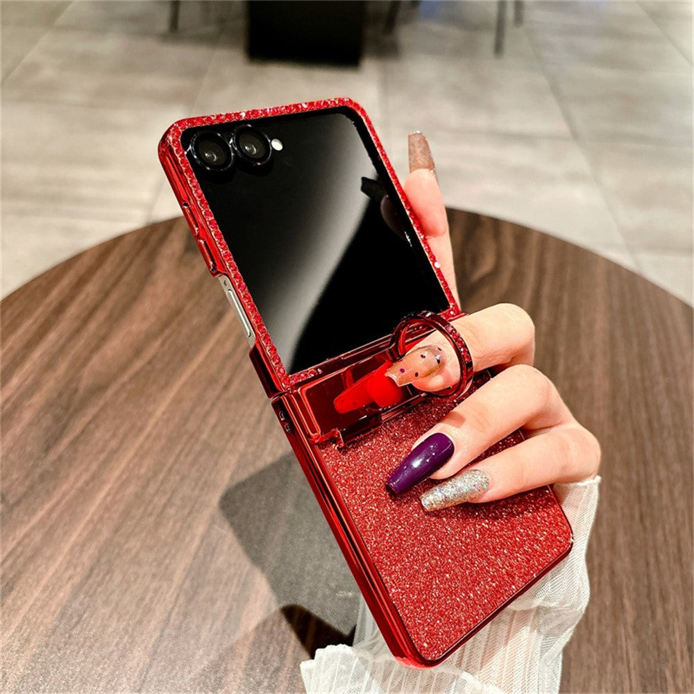 For Samsung Galaxy Z Flip7 5G Case Shiny Glitter Ring Holder PC Phone Cover with Tempered Glass Rear Screen Film