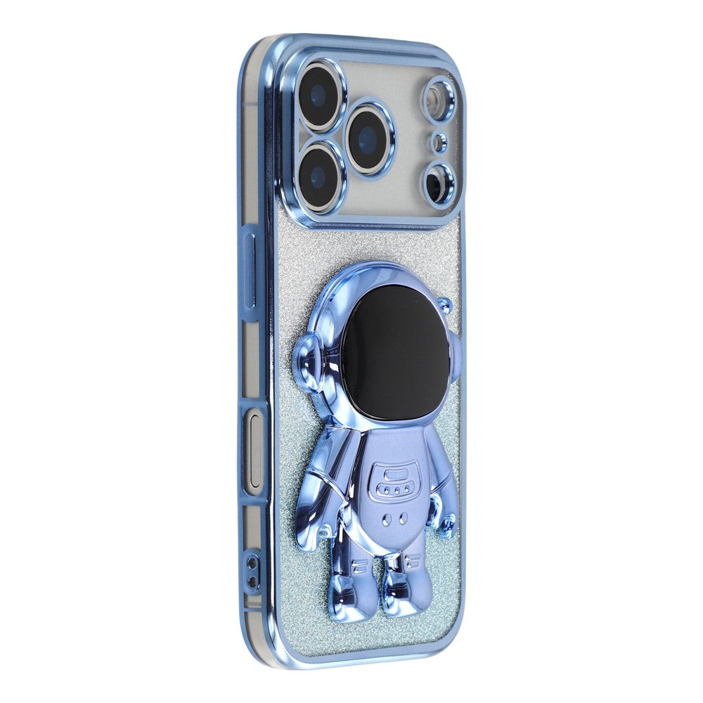 Coque pour iPhone 17 Pro avec support astronaute, en PC et TPU, finition brillante pailletée.