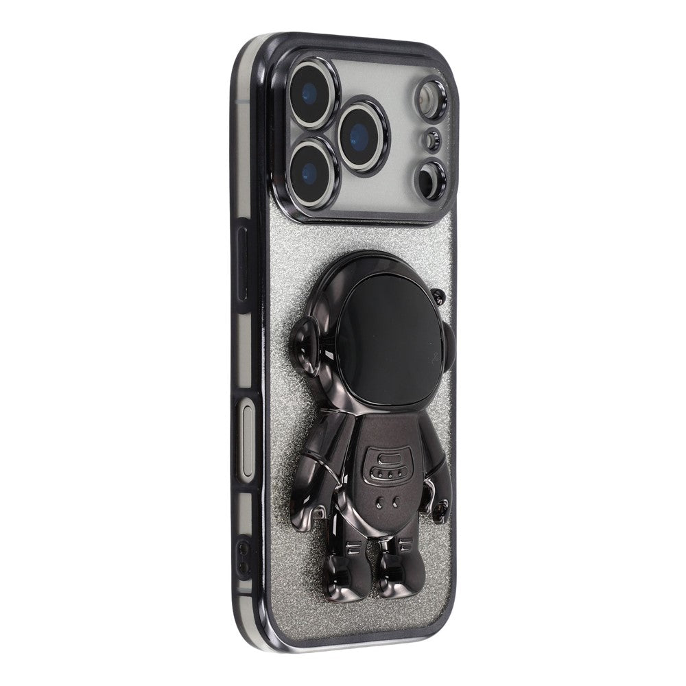 Coque pour iPhone 17 Pro avec support astronaute, en PC et TPU, finition brillante pailletée.