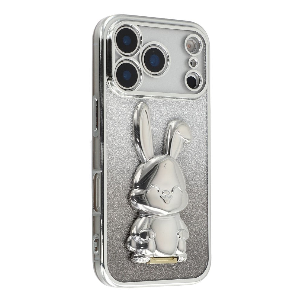Coque pour iPhone 17 Pro Max, motif lapin à paillettes électroplaquées, en PC et TPU, avec support intégré 
