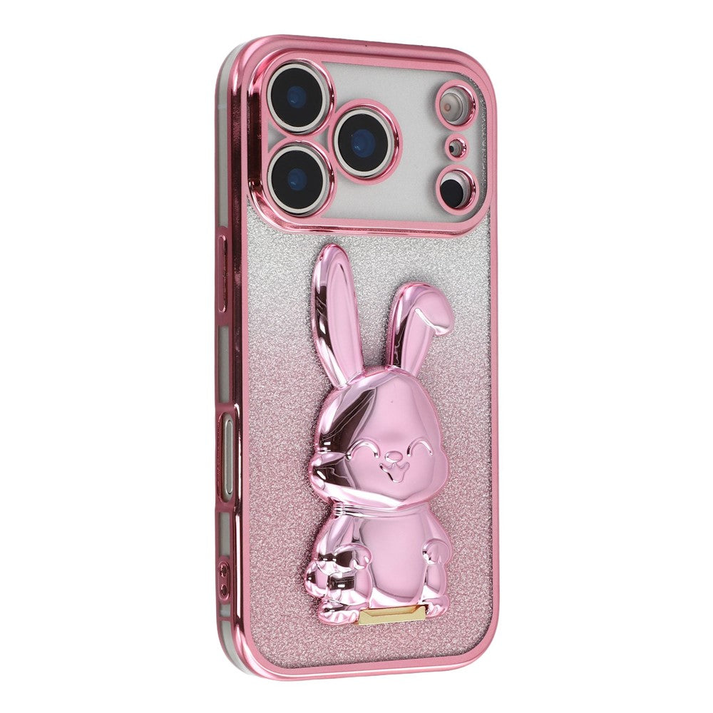 Coque pour iPhone 17 Pro Max, motif lapin à paillettes électroplaquées, en PC et TPU, avec support intégré 