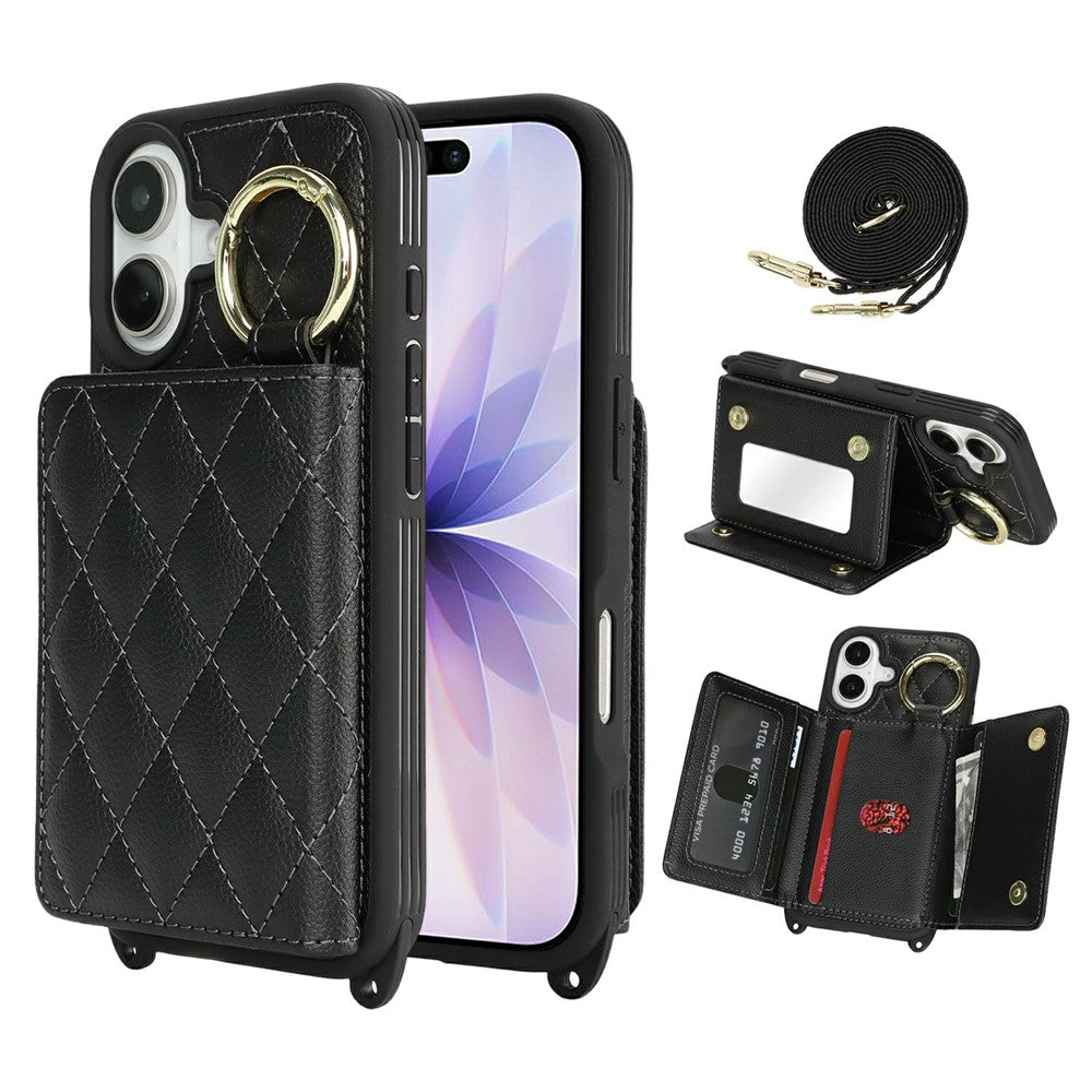 For iPhone 17 Case with Lanyard  /  Mirror  /  Card Holder Grids Pattern RFID Blocking Phone Cover