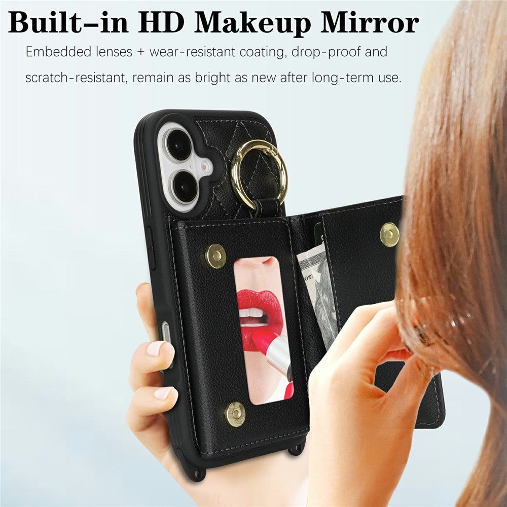 For iPhone 17 Case with Lanyard  /  Mirror  /  Card Holder Grids Pattern RFID Blocking Phone Cover