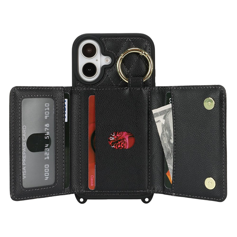 For iPhone 17 Case with Lanyard  /  Mirror  /  Card Holder Grids Pattern RFID Blocking Phone Cover