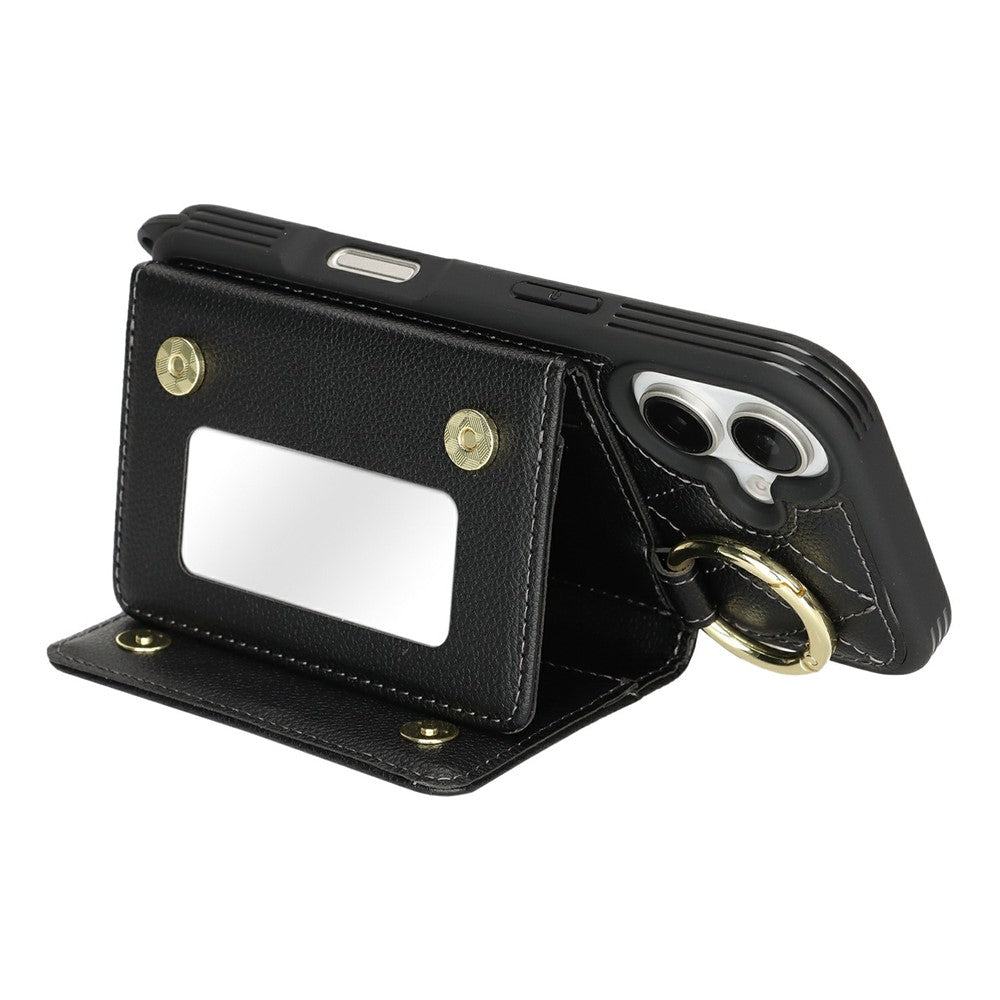 For iPhone 17 Case with Lanyard  /  Mirror  /  Card Holder Grids Pattern RFID Blocking Phone Cover