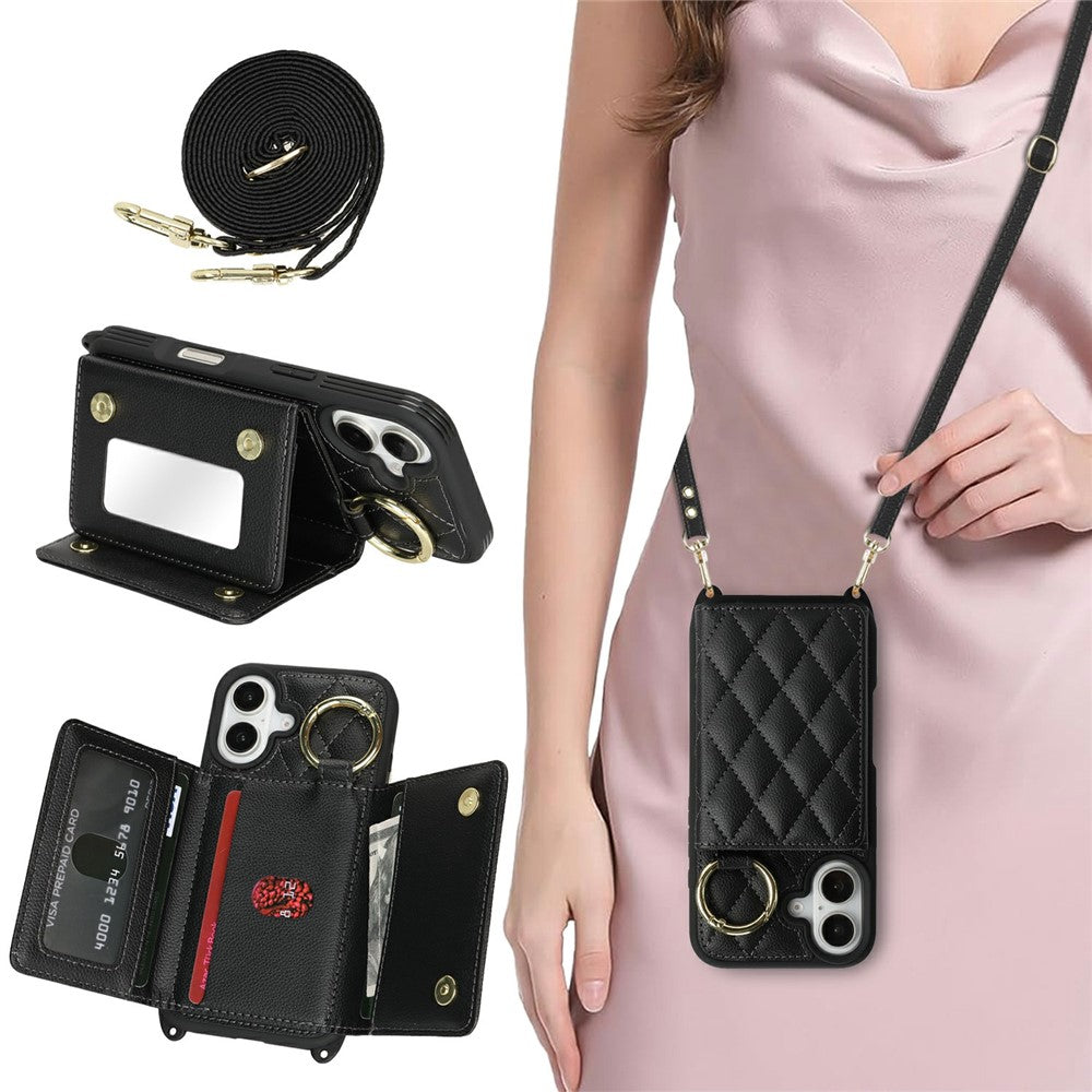 For iPhone 17 Case with Lanyard  /  Mirror  /  Card Holder Grids Pattern RFID Blocking Phone Cover