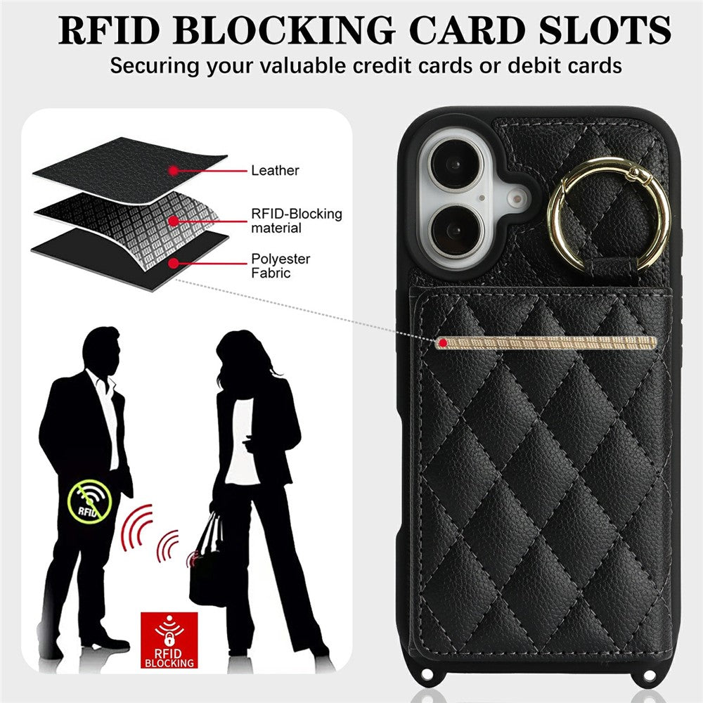 For iPhone 17 Case with Lanyard  /  Mirror  /  Card Holder Grids Pattern RFID Blocking Phone Cover