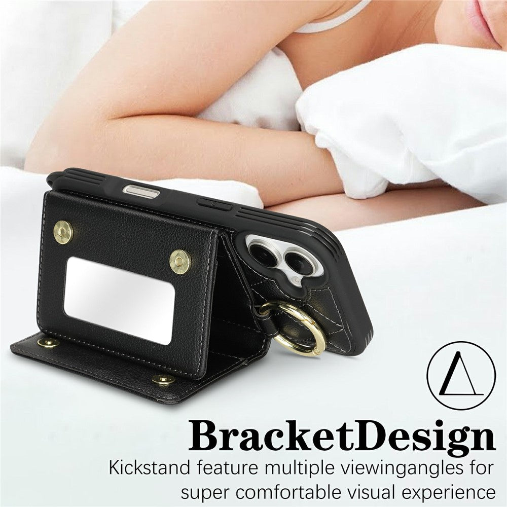 For iPhone 17 Case with Lanyard  /  Mirror  /  Card Holder Grids Pattern RFID Blocking Phone Cover