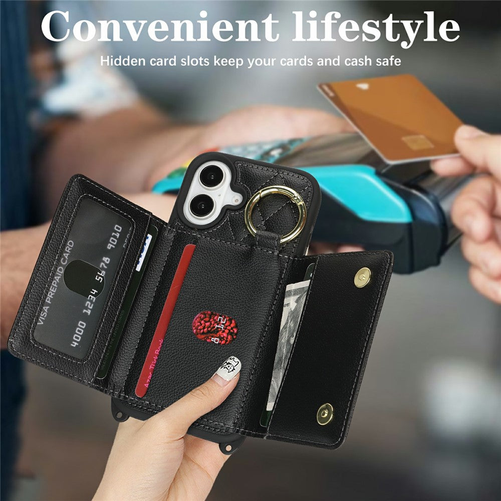 For iPhone 17 Case with Lanyard  /  Mirror  /  Card Holder Grids Pattern RFID Blocking Phone Cover