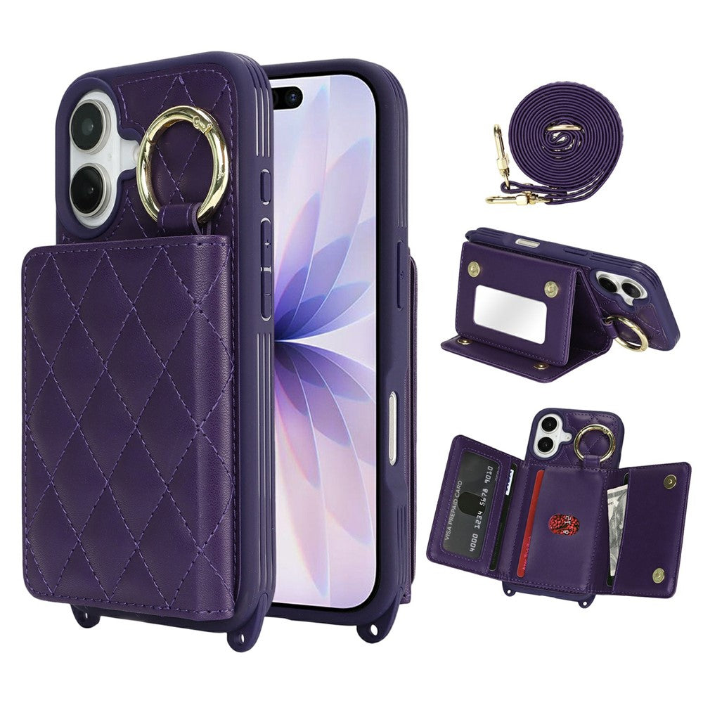 For iPhone 17 Case with Lanyard  /  Mirror  /  Card Holder Grids Pattern RFID Blocking Phone Cover