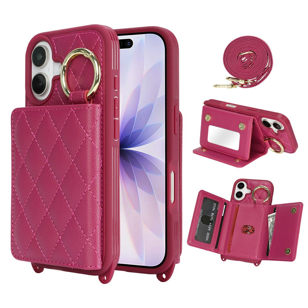 For iPhone 17 Case with Lanyard  /  Mirror  /  Card Holder Grids Pattern RFID Blocking Phone Cover