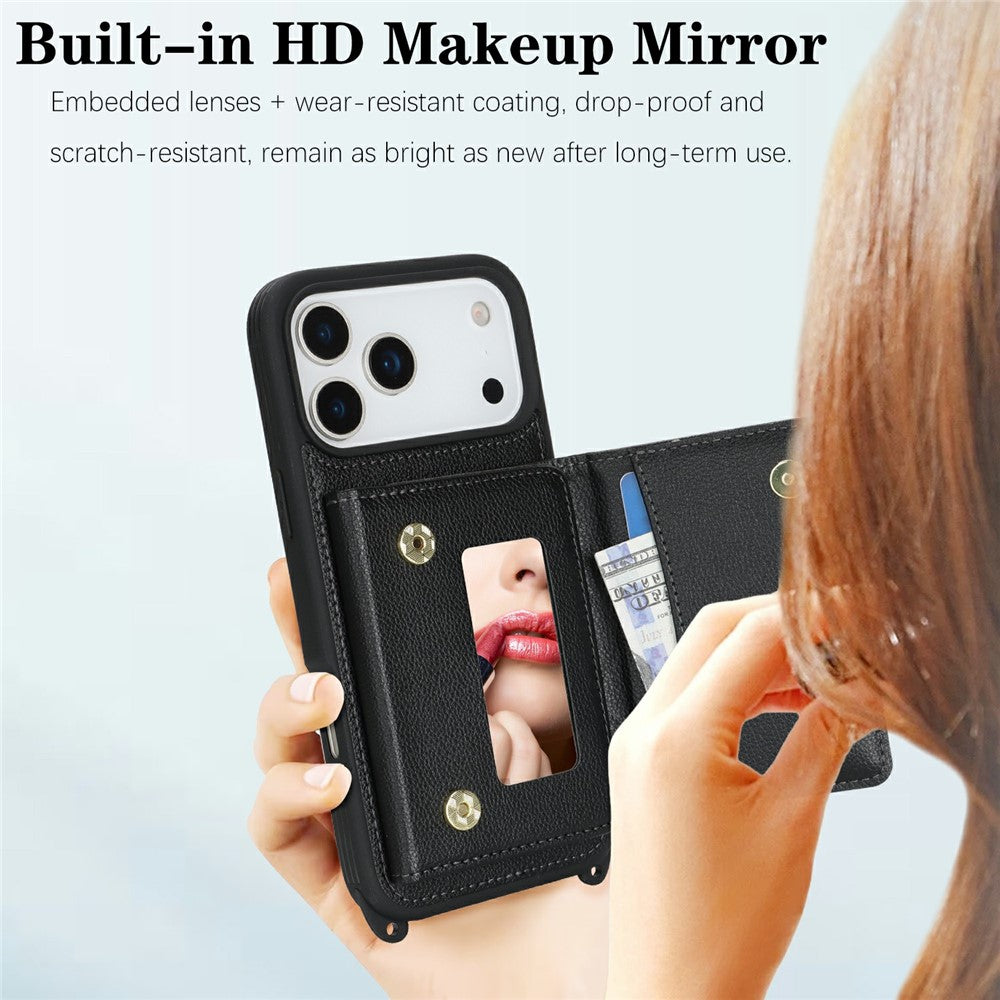 Étui pour iPhone 17 Pro avec cordon, miroir et porte-cartes, motif quadrillé et protection RFID.