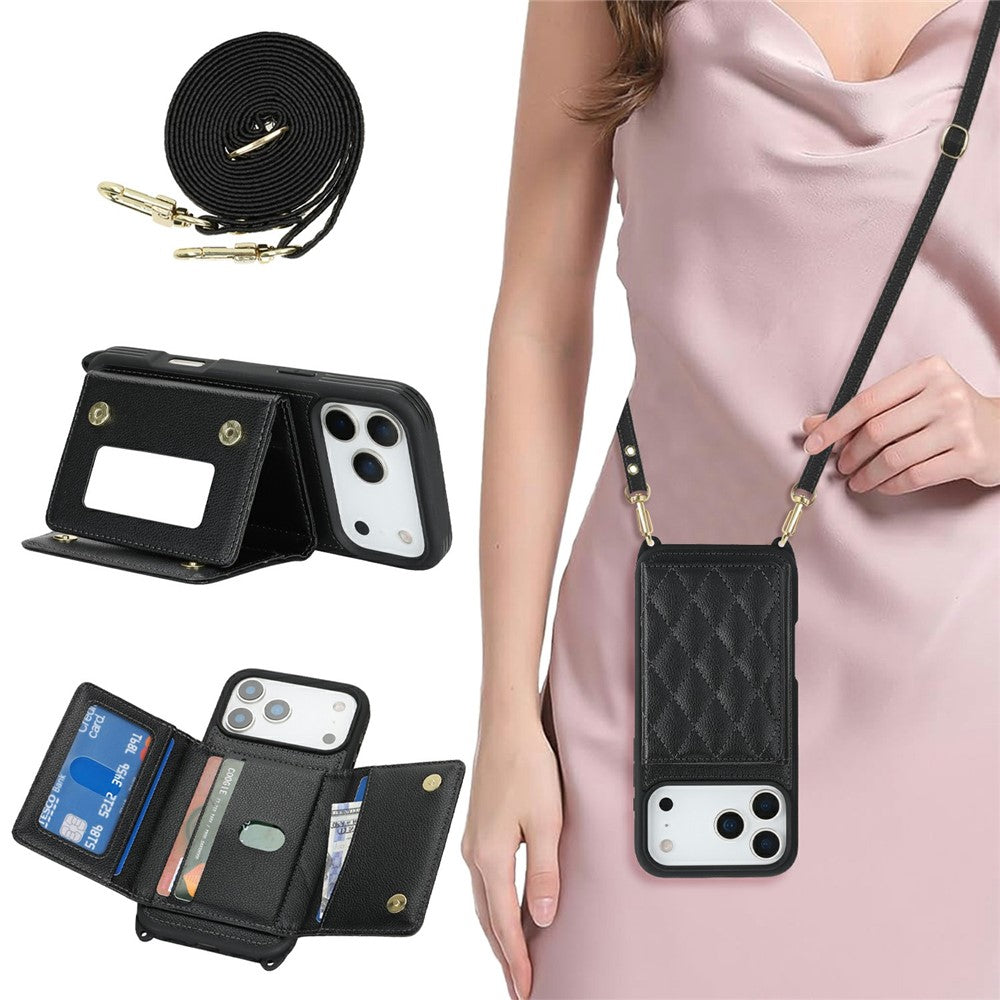 Étui pour iPhone 17 Pro avec cordon, miroir et porte-cartes, motif quadrillé et protection RFID.