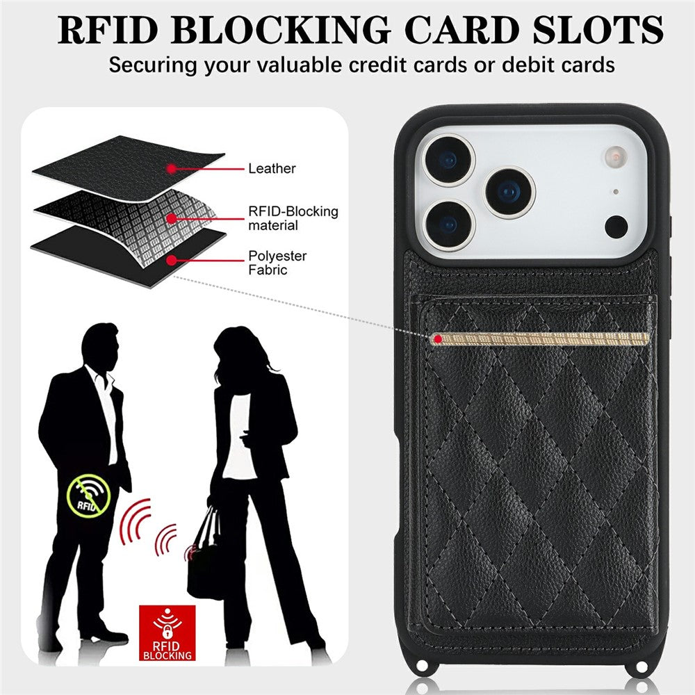 Étui pour iPhone 17 Pro avec cordon, miroir et porte-cartes, motif quadrillé et protection RFID.