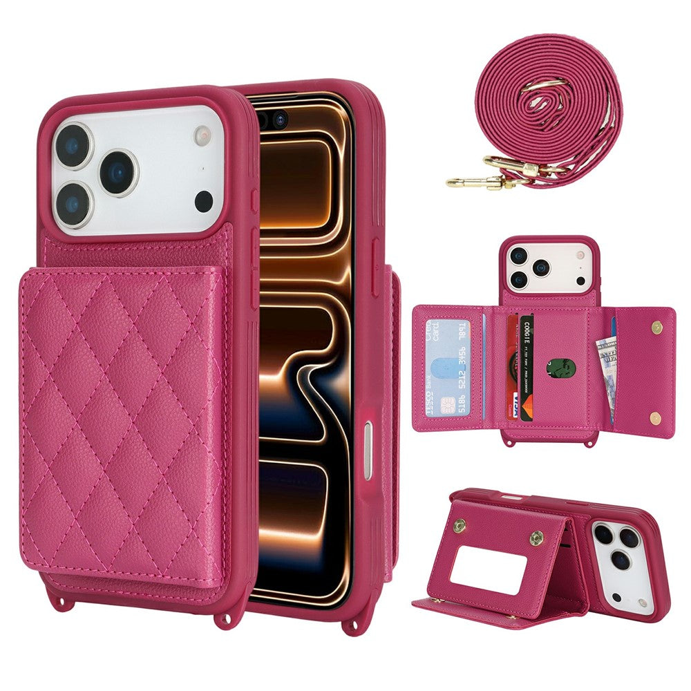 Étui pour iPhone 17 Pro avec cordon, miroir et porte-cartes, motif quadrillé et protection RFID.