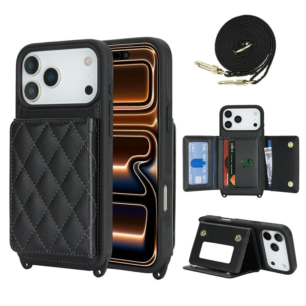 For iPhone 17 Pro Max Case with Lanyard  /  Mirror  /  Card Holder Grids Pattern RFID Blocking Phone Cover