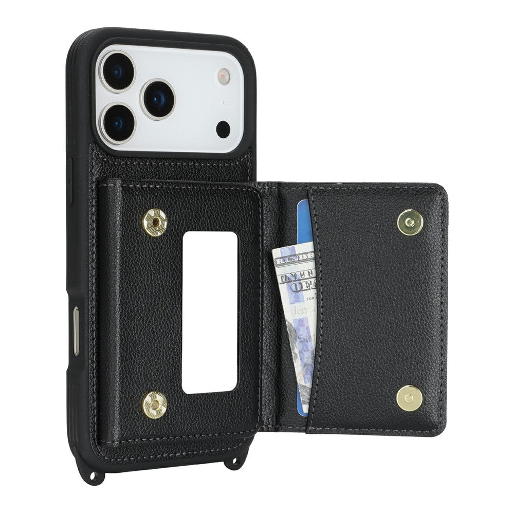 For iPhone 17 Pro Max Case with Lanyard  /  Mirror  /  Card Holder Grids Pattern RFID Blocking Phone Cover