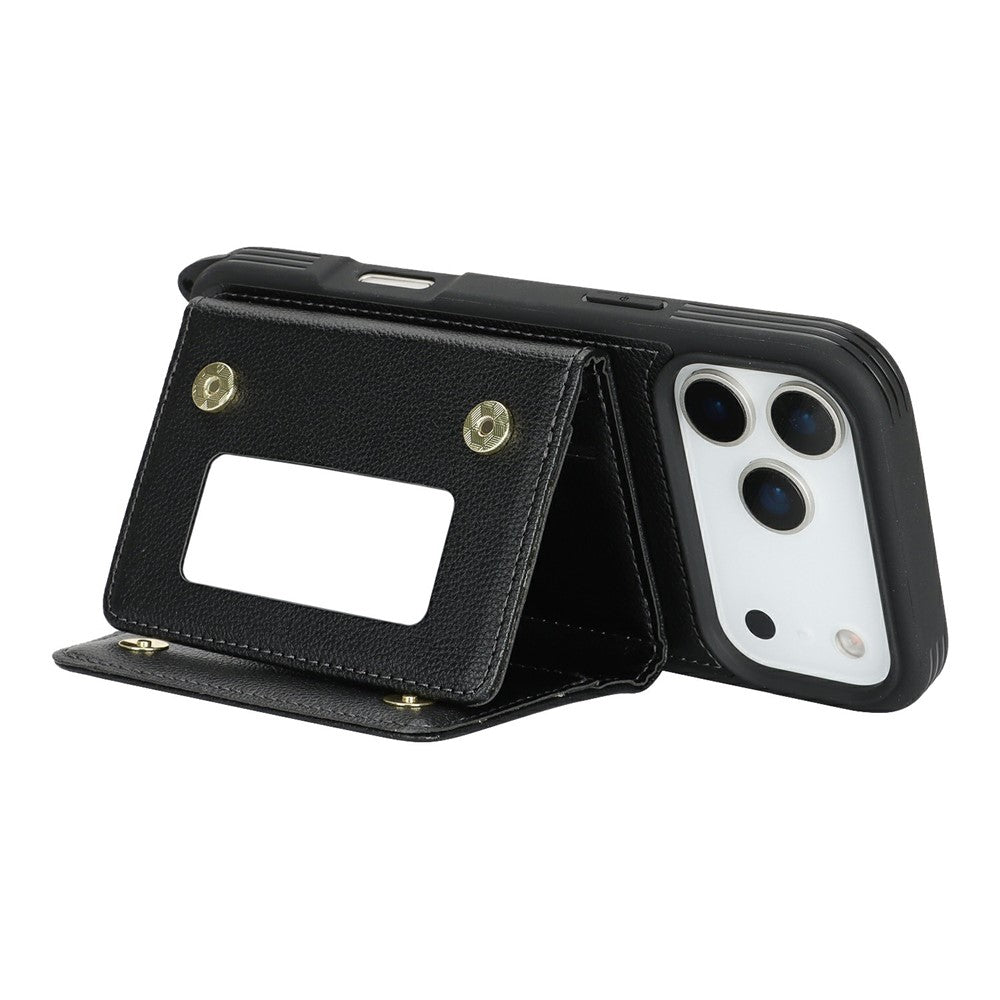 For iPhone 17 Pro Max Case with Lanyard  /  Mirror  /  Card Holder Grids Pattern RFID Blocking Phone Cover