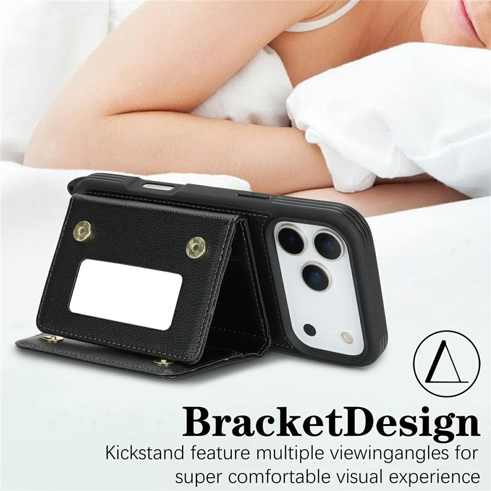 For iPhone 17 Pro Max Case with Lanyard  /  Mirror  /  Card Holder Grids Pattern RFID Blocking Phone Cover