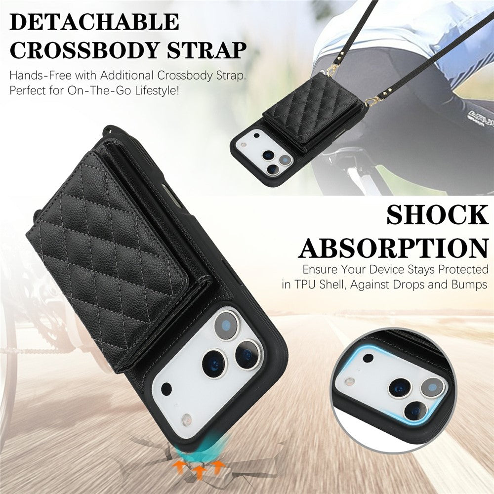 For iPhone 17 Pro Max Case with Lanyard  /  Mirror  /  Card Holder Grids Pattern RFID Blocking Phone Cover