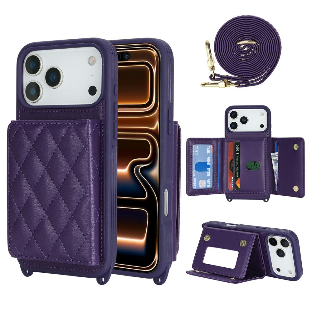 For iPhone 17 Pro Max Case with Lanyard  /  Mirror  /  Card Holder Grids Pattern RFID Blocking Phone Cover