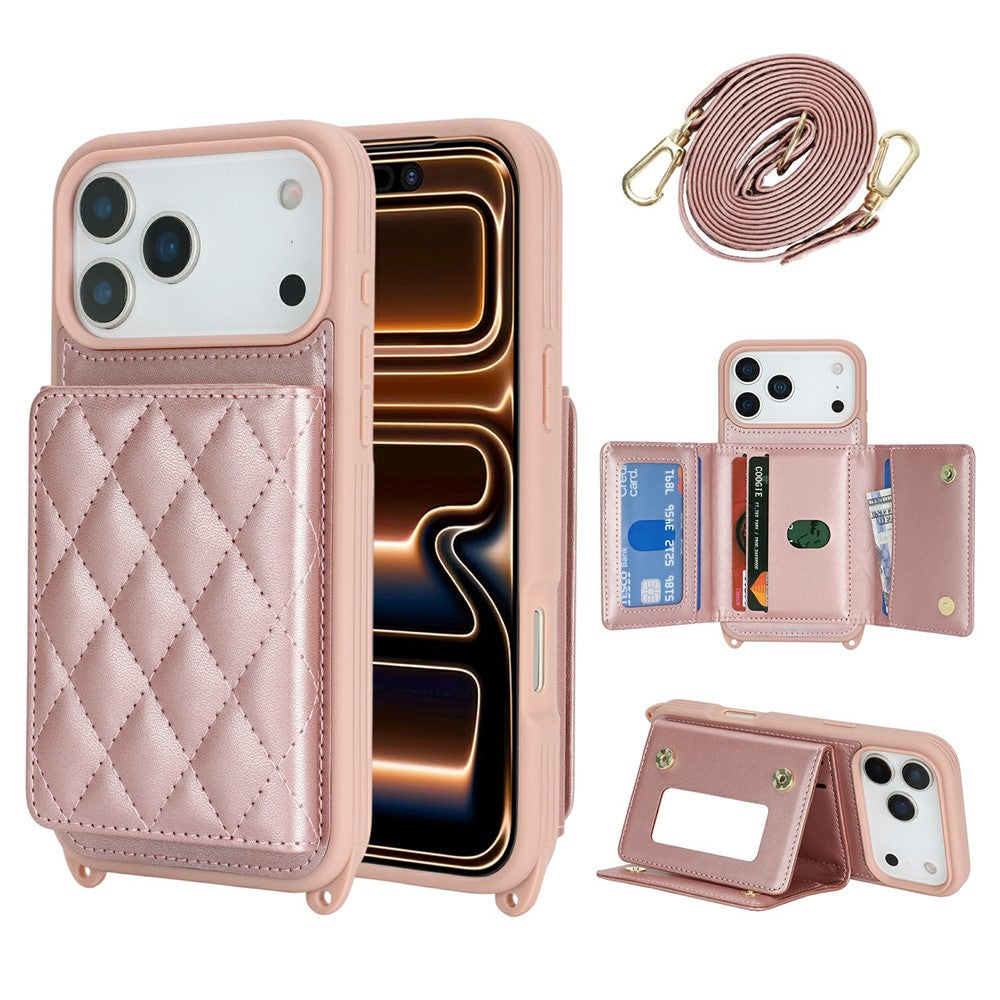 For iPhone 17 Pro Max Case with Lanyard  /  Mirror  /  Card Holder Grids Pattern RFID Blocking Phone Cover