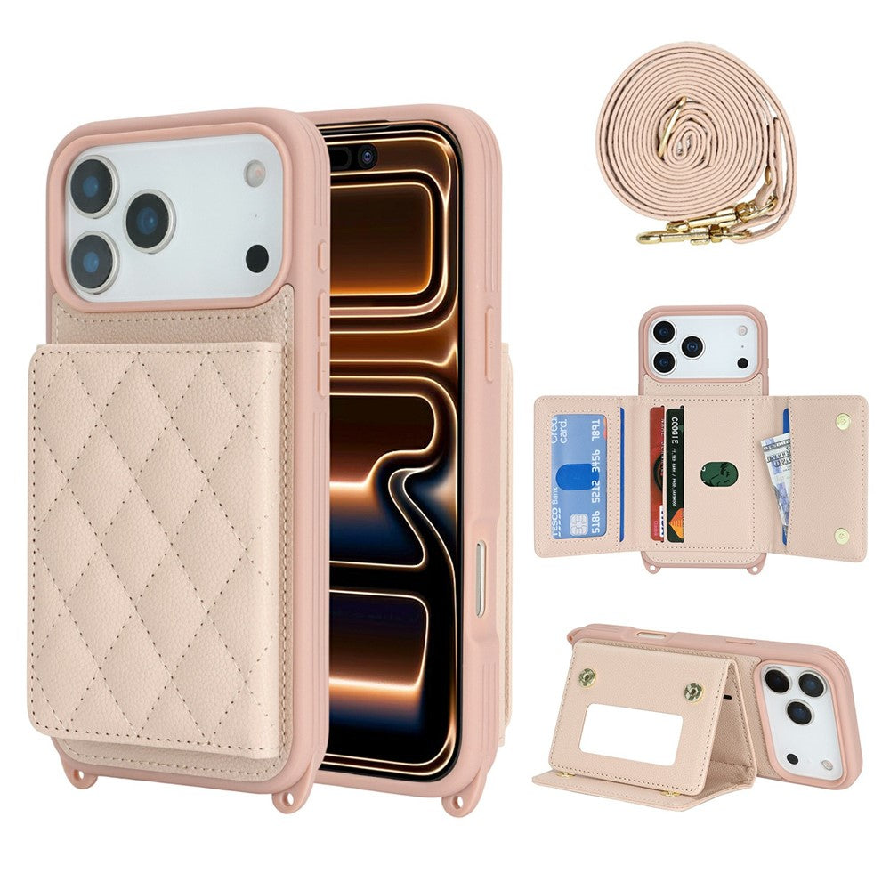 For iPhone 17 Pro Max Case with Lanyard  /  Mirror  /  Card Holder Grids Pattern RFID Blocking Phone Cover