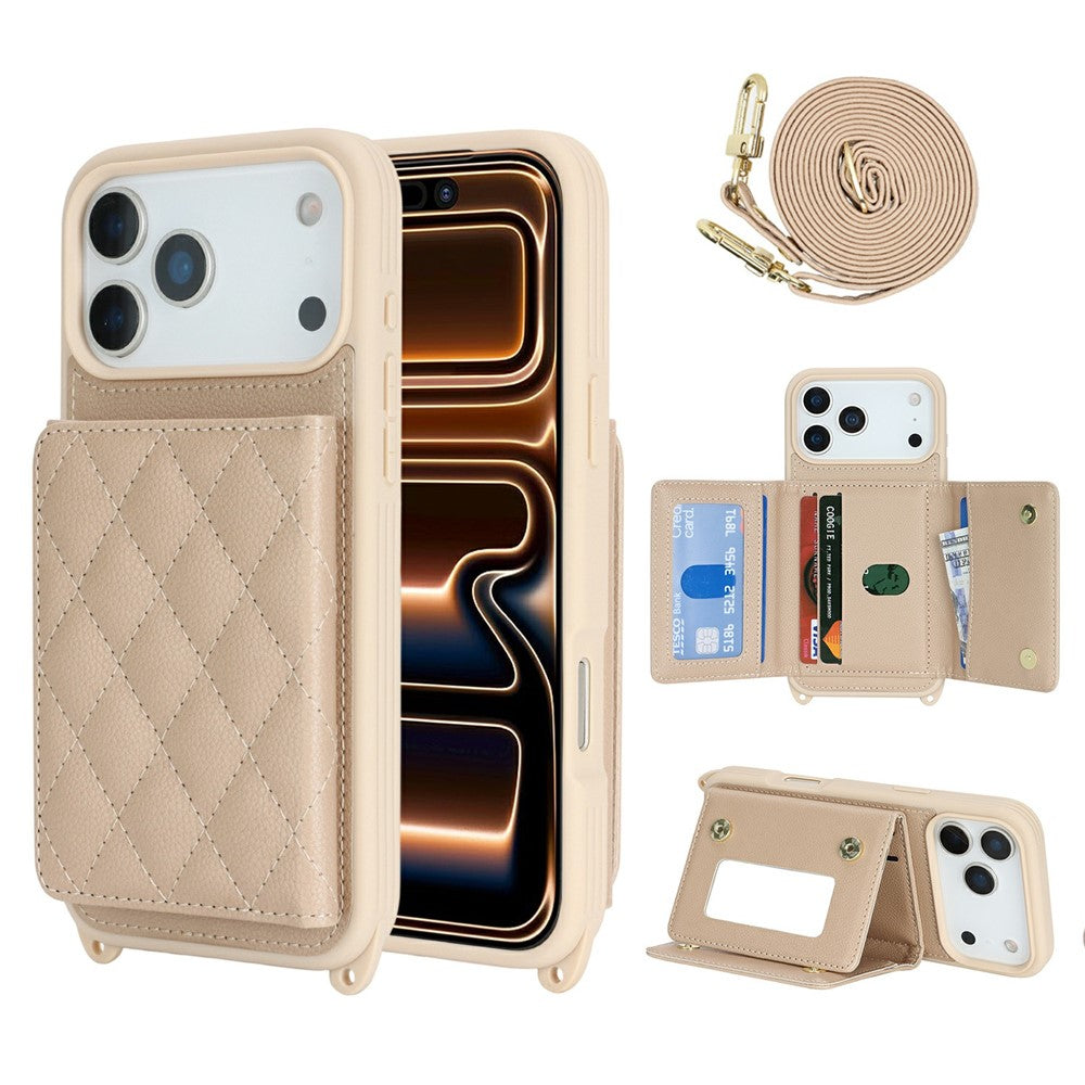 For iPhone 17 Pro Max Case with Lanyard  /  Mirror  /  Card Holder Grids Pattern RFID Blocking Phone Cover
