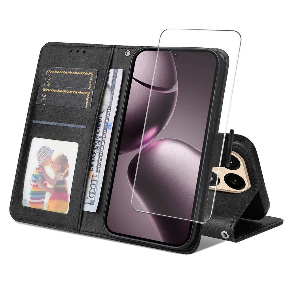 ENKAY HAT PRINCE For Xiaomi 15T Wallet Case Calf Texture Leather Phone Stand Cover with 0.18mm Screen Protector / Strap