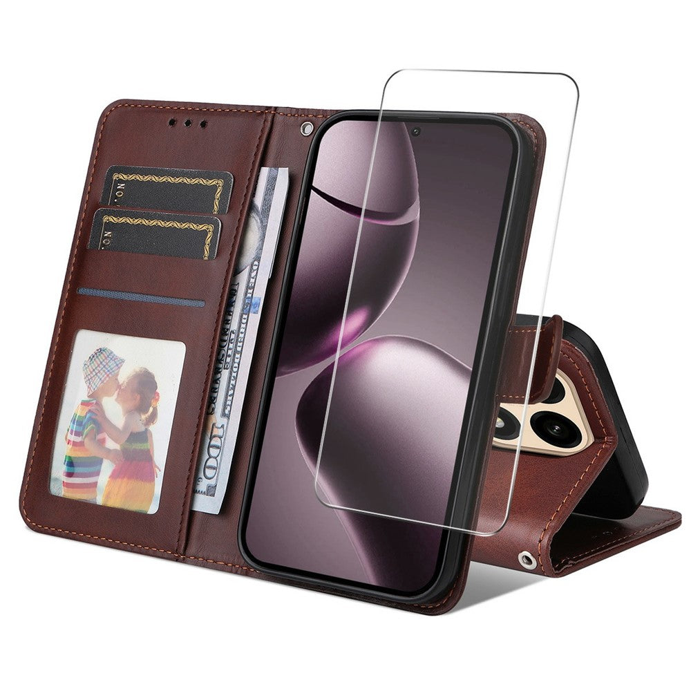 ENKAY HAT PRINCE For Xiaomi 15T Wallet Case Calf Texture Leather Phone Stand Cover with 0.18mm Screen Protector / Strap