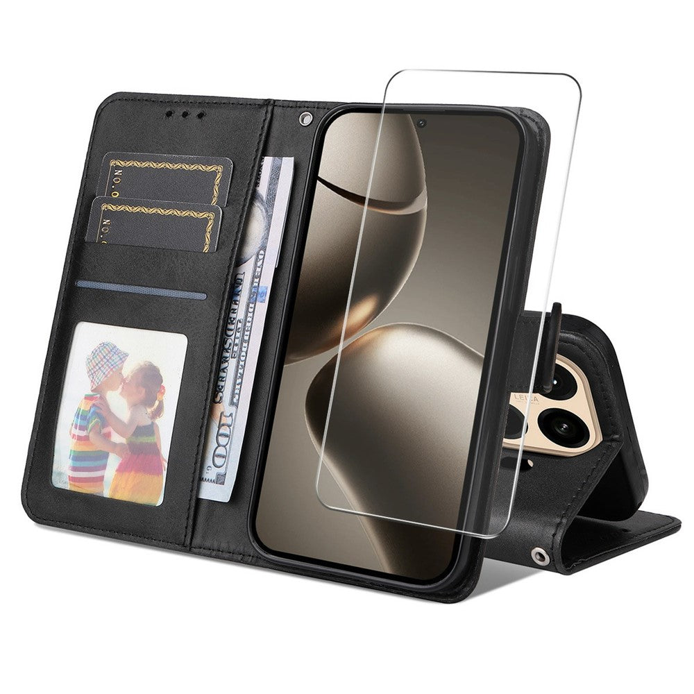 ENKAY HAT PRINCE For Xiaomi 15T Pro Wallet Case Calf Texture Leather Phone Stand Cover with 0.18mm Screen Protector / Strap