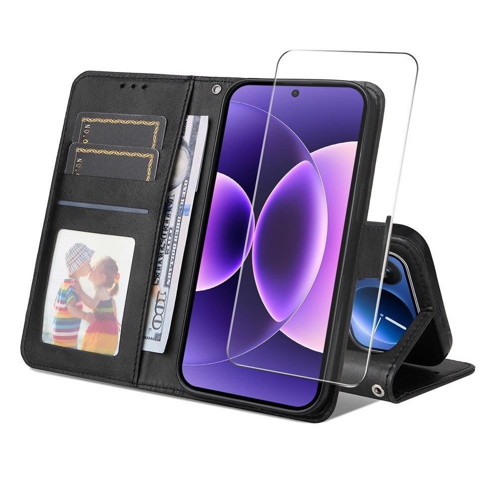 ENKAY HAT PRINCE For Xiaomi 17 Pro Wallet Case Calf Texture Leather Phone Stand Cover with 0.18mm Screen Protector / Strap