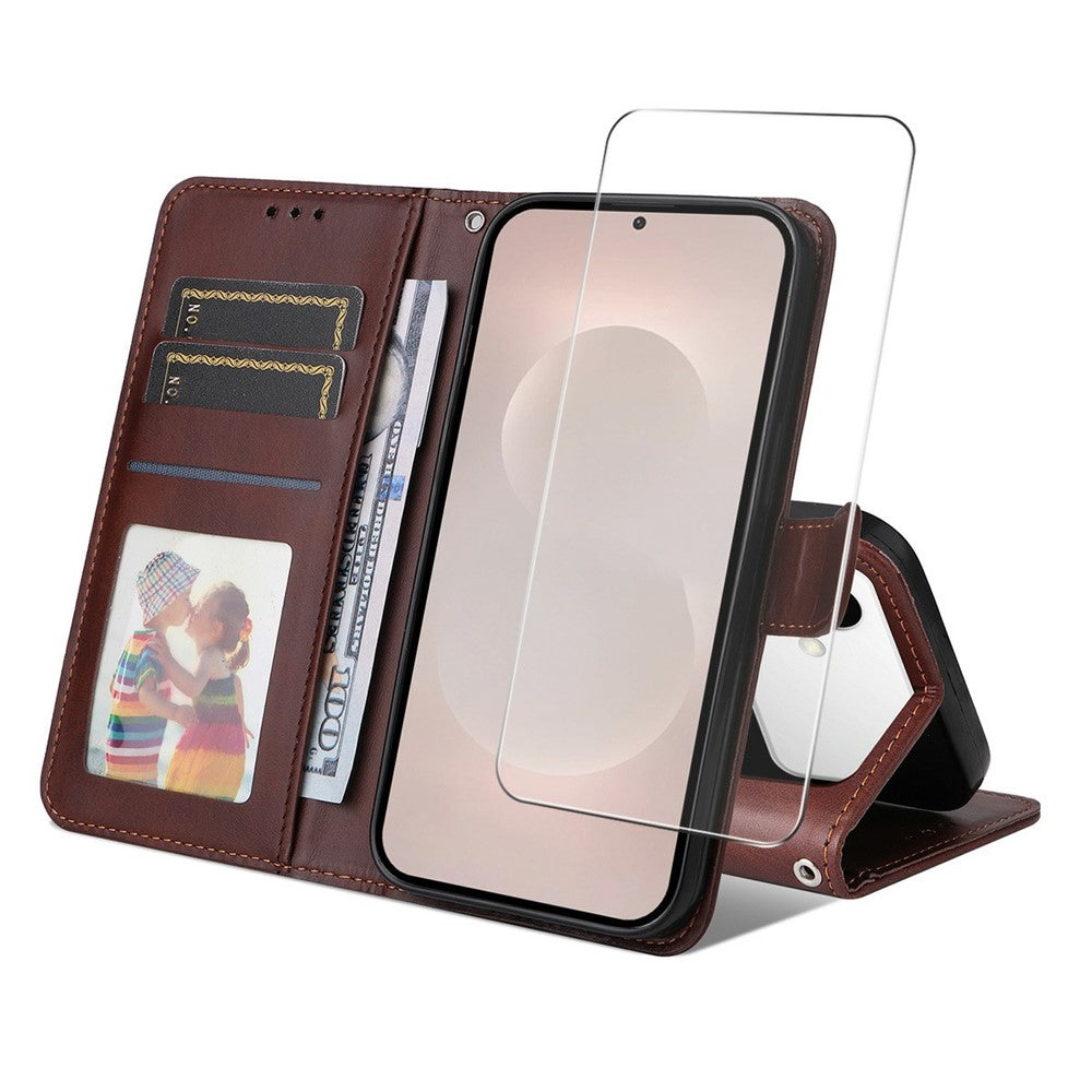 ENKAY HAT PRINCE For Samsung Galaxy S26 Edge Wallet Case Calf Texture Leather Phone Stand Cover with 0.18mm Screen Protector / Strap