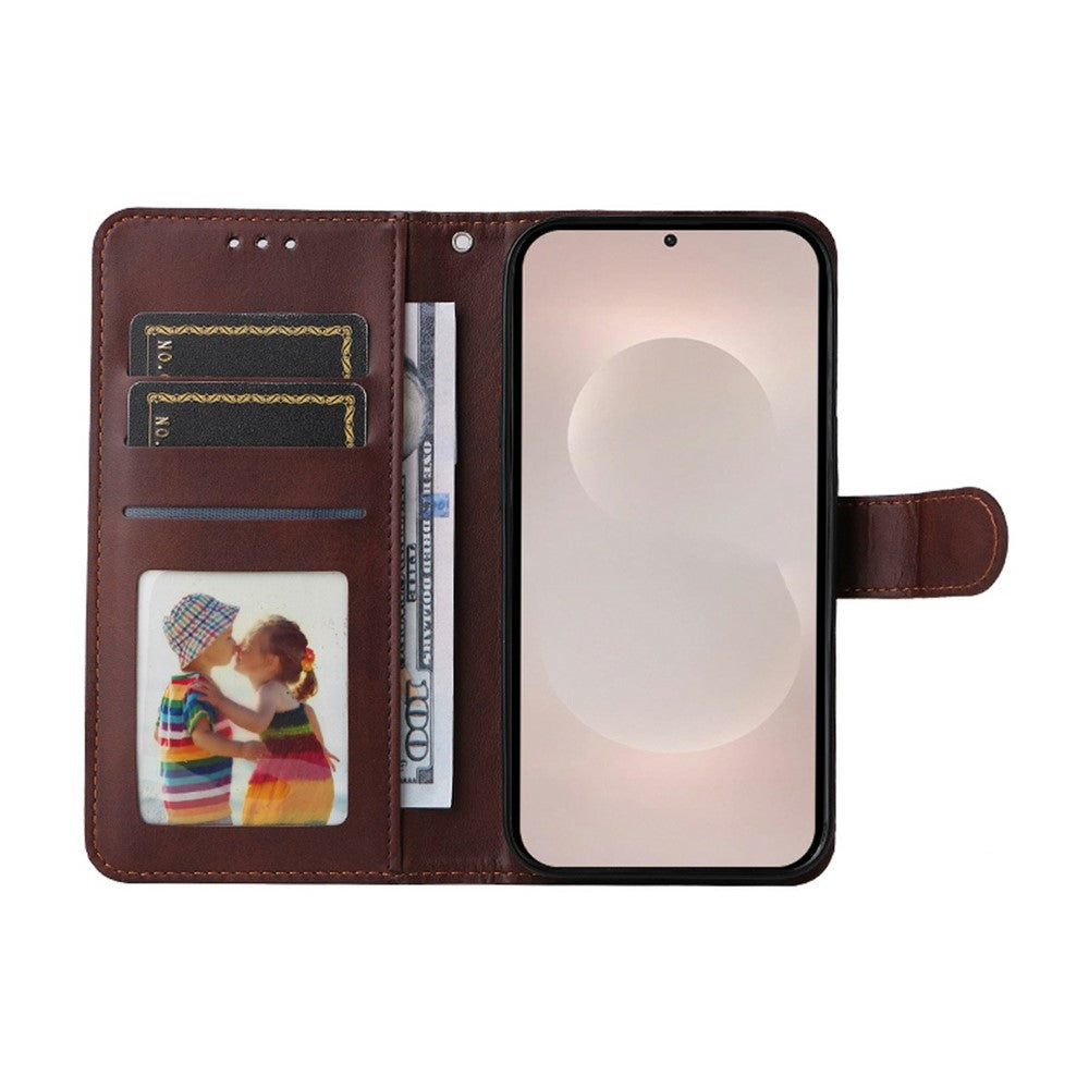 ENKAY HAT PRINCE For Samsung Galaxy S26 Edge Wallet Case Calf Texture Leather Phone Stand Cover with 0.18mm Screen Protector / Strap