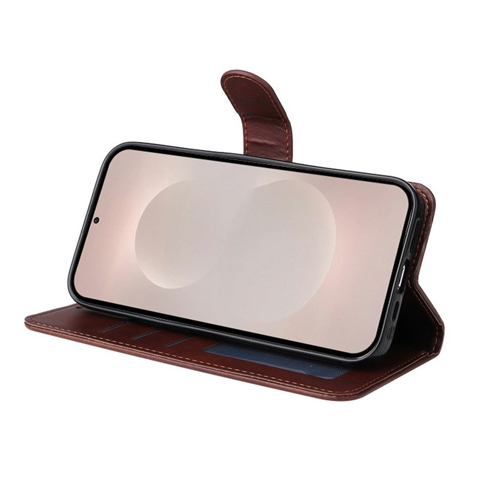 ENKAY HAT PRINCE For Samsung Galaxy S26 Edge Wallet Case Calf Texture Leather Phone Stand Cover with 0.18mm Screen Protector / Strap