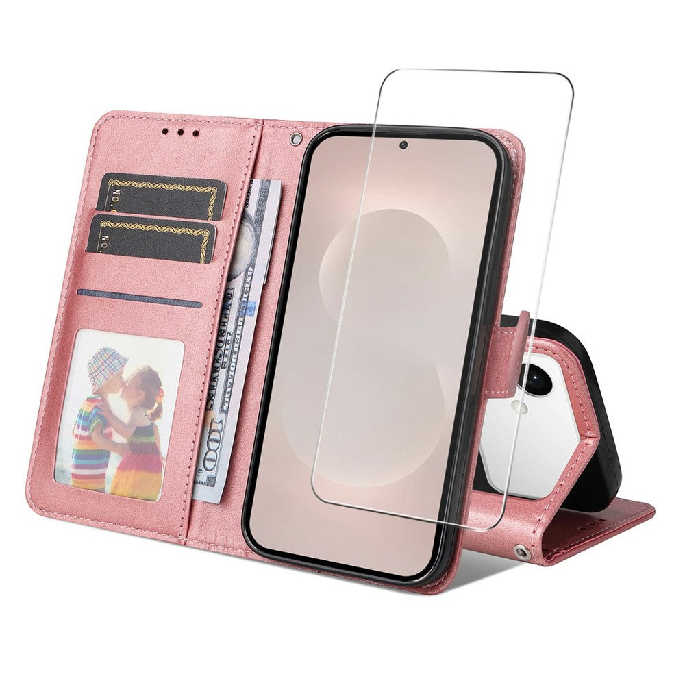 ENKAY HAT PRINCE For Samsung Galaxy S26 Edge Wallet Case Calf Texture Leather Phone Stand Cover with 0.18mm Screen Protector / Strap