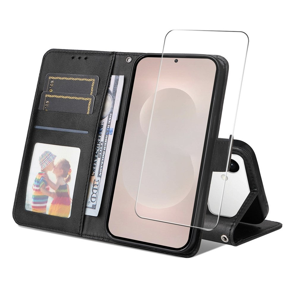 ENKAY HAT PRINCE For Samsung Galaxy S26 Edge Wallet Case Calf Texture Leather Phone Stand Cover with 0.18mm Screen Protector / Strap