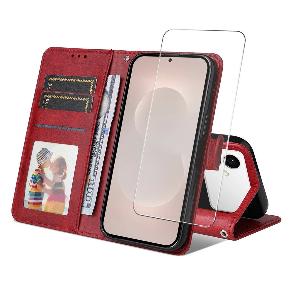 Funda tipo cartera ENKAY HAT PRINCE para Samsung Galaxy S26 Edge, de piel con textura de becerro, con soporte para teléfono, protector de pantalla de 0,18 mm y correa.