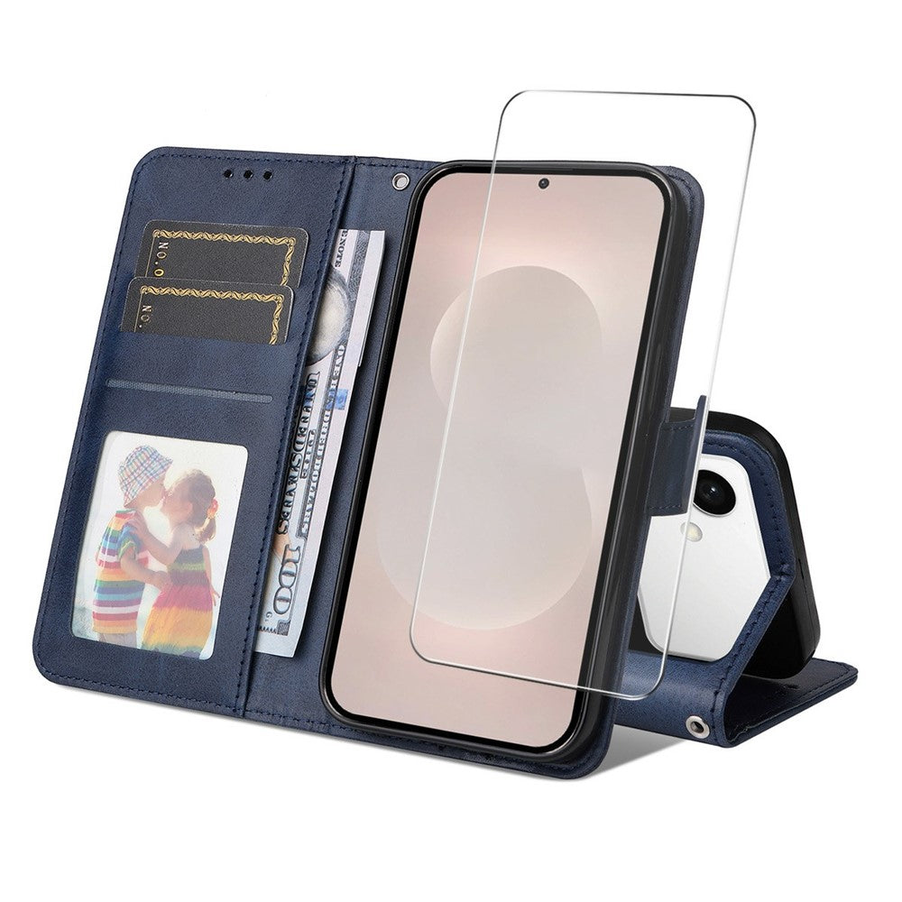 ENKAY HAT PRINCE For Samsung Galaxy S26 Edge Wallet Case Calf Texture Leather Phone Stand Cover with 0.18mm Screen Protector / Strap