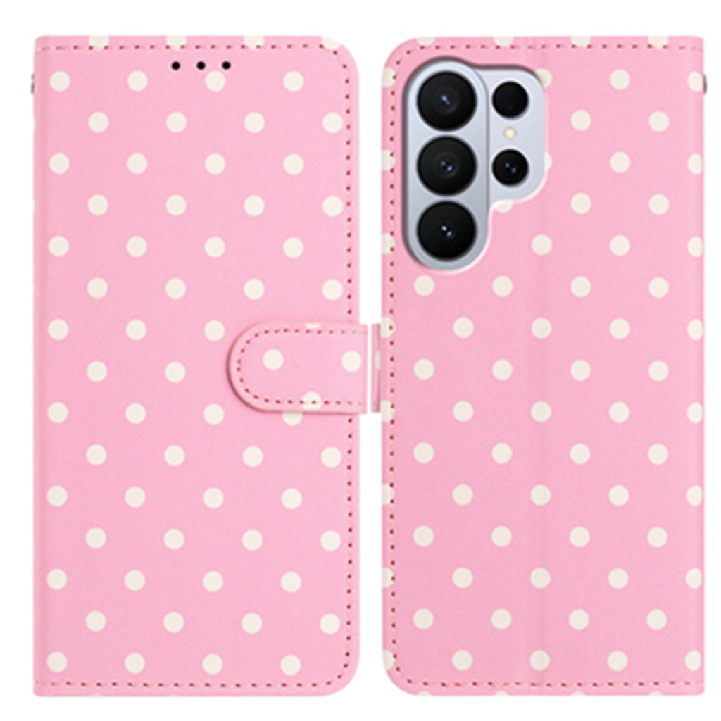 Funda de piel sintética ultraligera con estampado de lunares para Samsung Galaxy S26. Funda tipo cartera con soporte.