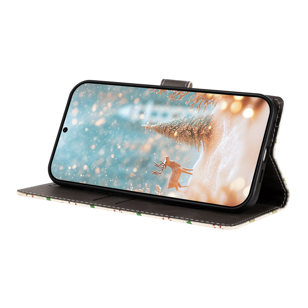 For iPhone 17 Case Christmas Themed Pattern Printing PU Leather Wallet Phone Cover with Wrist Strap